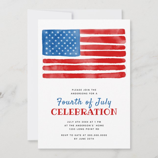 Invitation Aquarelle du 4 juillet du drapeau américain (Devant)