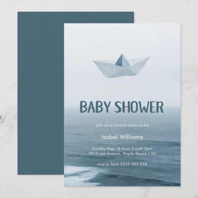 Invitation Aquarelle du bateau Origami sur le Baby shower aqu (Devant / Derrière)