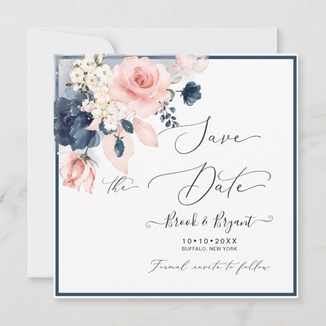 Invitation Aquarelle Dusty Blue Blush Roses (Devant)