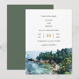 Invitation Aquarelle Dusty Blue Coastal Woodsy Beach Mariage