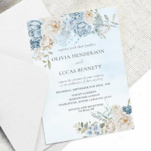 Invitation Aquarelle Dusty Blue Flowers Mariage Rose