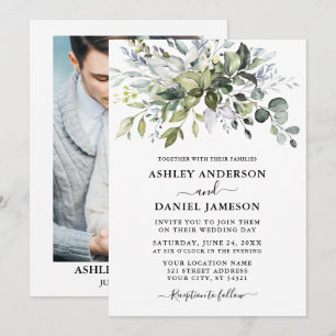 Invitation Aquarelle Dusty Blue Greenery Mariage photo
