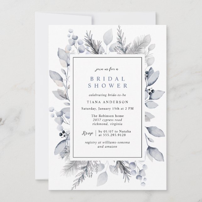 Invitation Aquarelle Dusty Blue Gris Fête des mariées d'hiver (Devant)