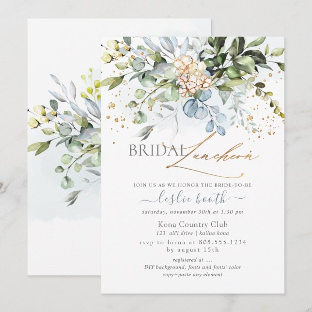 Invitation Aquarelle Dusty Blue Gum Eucalyptus Fête des marié (Devant / Derrière)