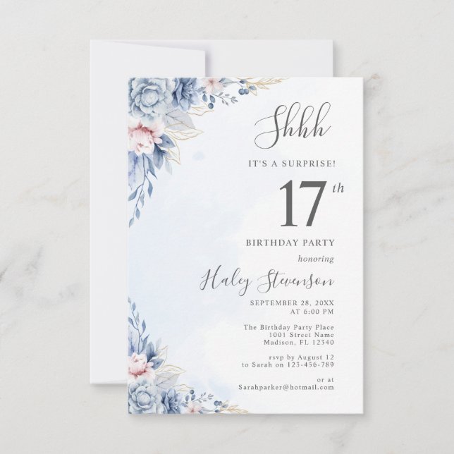 Invitation Aquarelle Dusty Blue Surprise 17ème anniversaire f (Devant)