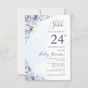 Invitation Aquarelle Dusty Blue Surprise 24e fête d'anniversa