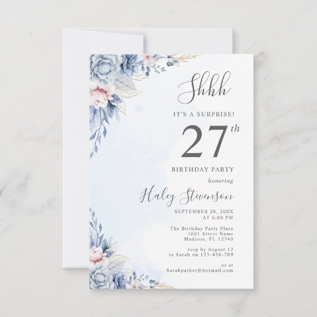 Invitation Aquarelle Dusty Blue Surprise 27ème anniversaire f (Devant)