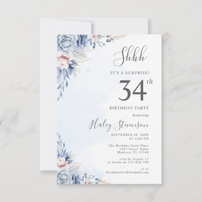 Invitation Aquarelle Dusty Blue Surprise 34e anniversaire (Devant)