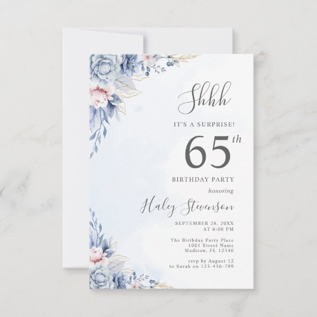 Invitation Aquarelle Dusty Blue Surprise 65e anniversaire (Devant)