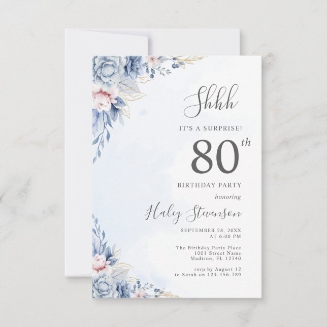 Invitation Aquarelle Dusty Blue Surprise 80e anniversaire (Devant)