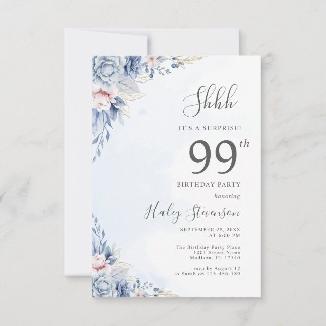 Invitation Aquarelle Dusty Blue Surprise 99e fête d'anniversa (Devant)