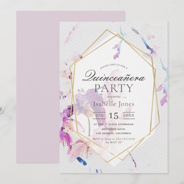 Invitation Aquarelle Dusty Lilac Floral Quinceañera (Devant / Derrière)