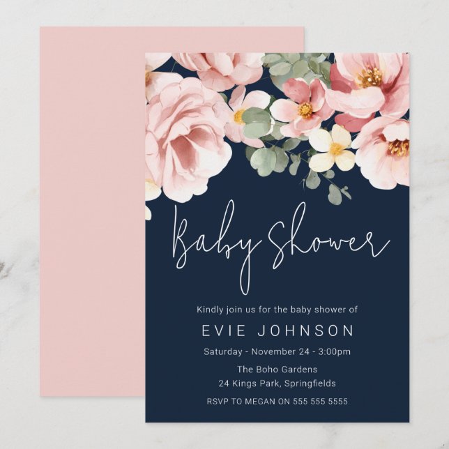 Invitation Aquarelle Dusty Rose Baby shower de marine (Devant / Derrière)