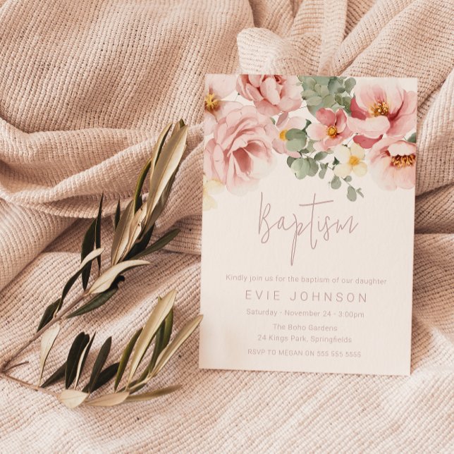 Invitation Aquarelle Dusty Rose Baptême magnifique (Créateur téléchargé)