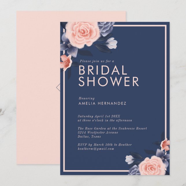 Invitation Aquarelle Dusty Rose Floral Fête des mariées moder (Devant / Derrière)