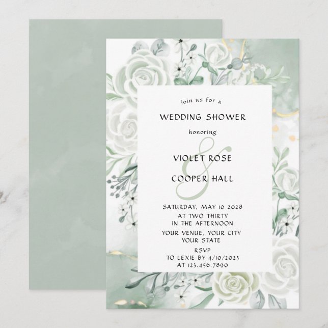 Invitation Aquarelle Dusty Sage Wedding shower Floral (Devant / Derrière)