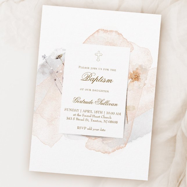 Invitation aquarelle éclaboussures et fleurs n4 | Baptême (Créateur téléchargé)