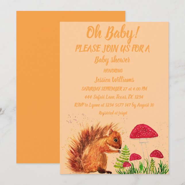 Invitation Aquarelle écureuil bébé fille garçon champignon ro (Devant / Derrière)