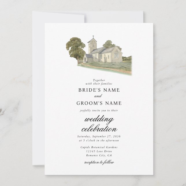 Invitation Aquarelle Eglise traditionnelle Monogramme Mariage (Devant)