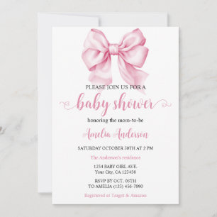 Invitation Aquarelle Elegant Bow Baby shower Coquette rose