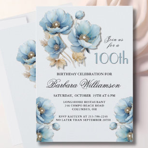 Invitation Aquarelle Elégante Blue Gold Floral 100e anniversa