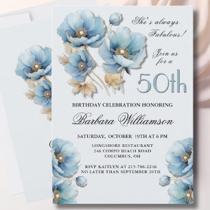 Invitation Aquarelle Elégante Blue Gold Floral 50e anniversai