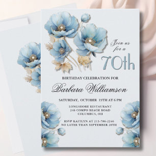 Invitation Aquarelle Elégante Blue Gold Floral 70e anniversai
