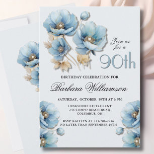 Invitation Aquarelle Elégante Blue Gold Floral 90e anniversai