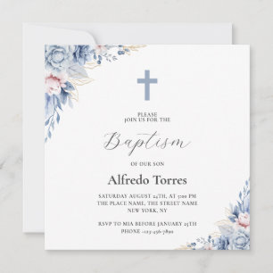 Invitation Aquarelle Elégante Dusty Blue Floral Baby Baptism