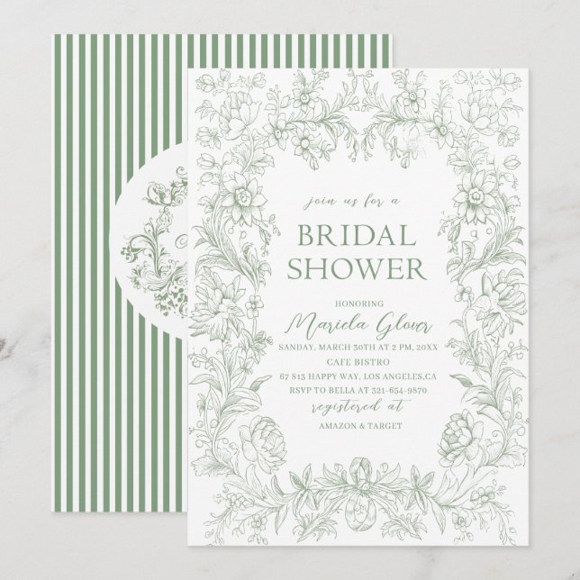 Invitation Aquarelle élégante florale verte (Devant / Derrière)