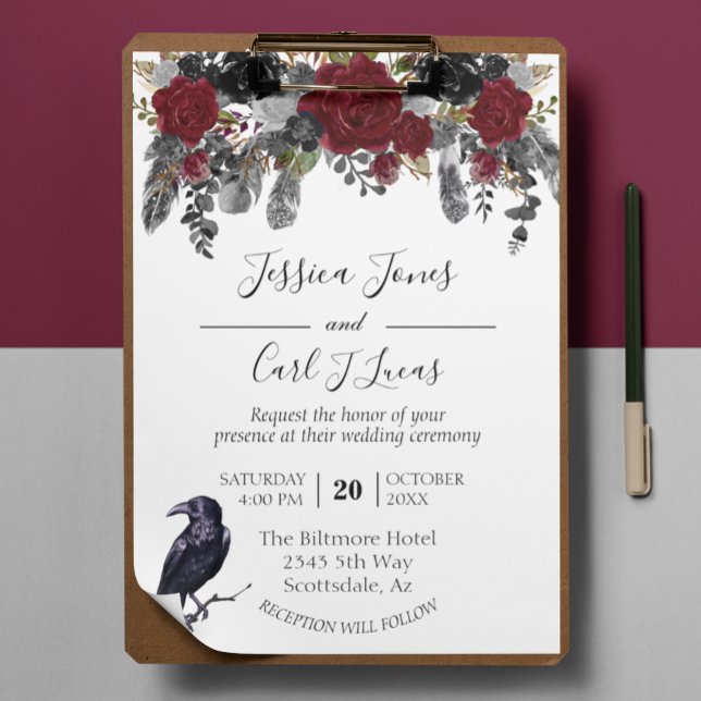 Invitation Aquarelle Elégante Halloween Floral Crow Feather I (Créateur téléchargé)