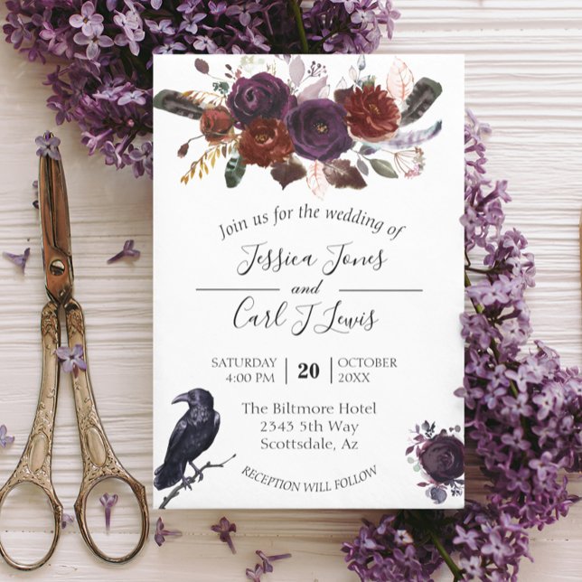 Invitation Aquarelle Elégante Halloween Floral Crow Plum Inv (Créateur téléchargé)