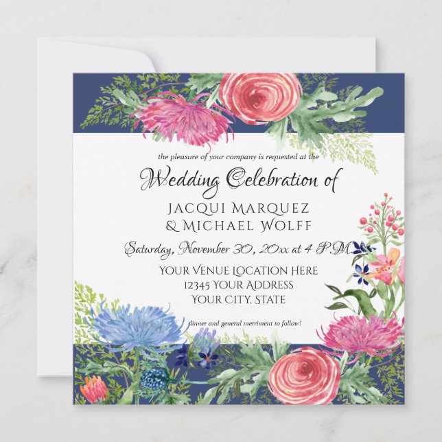 Invitation Aquarelle Elégante Marine Bleu n Fleur de foune ro (Devant)