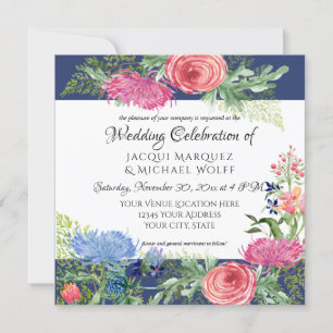 Invitation Aquarelle Elégante Marine Bleu n Fleur de foune ro