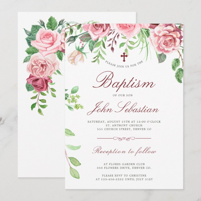 Invitation Aquarelle Élégante rose Roses Jardin Baptême (Devant / Derrière)