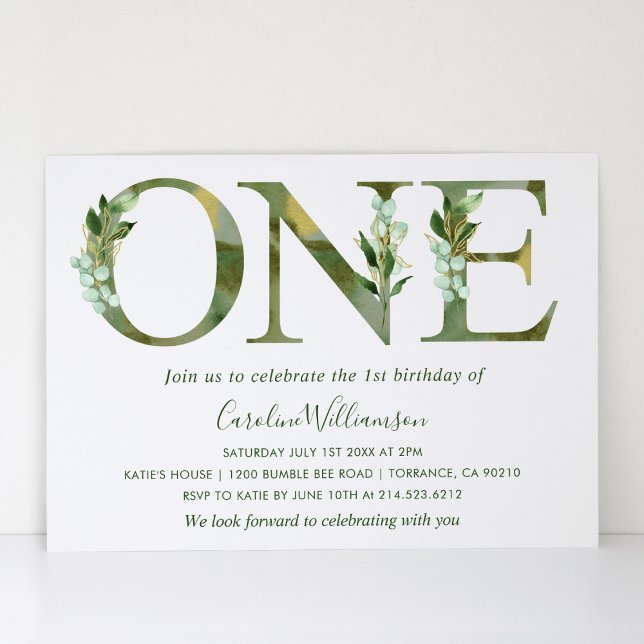 Invitation aquarelle élégante Verdure Premier anniversaire (Créateur téléchargé)