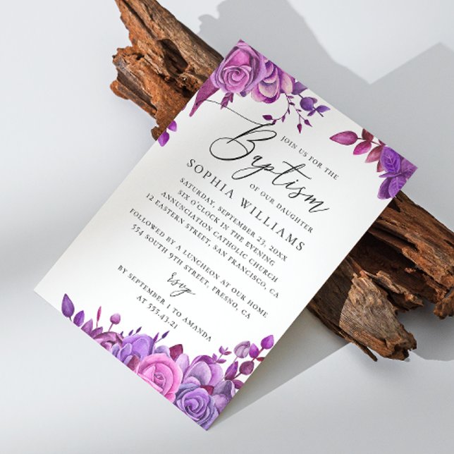 Invitation Aquarelle élégante violet rose floral baptême (Créateur téléchargé)