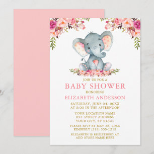 Invitation Aquarelle Eléphant Baby shower rose Floral Or