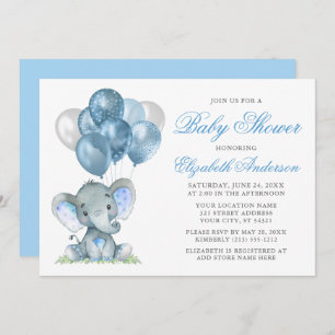 Invitation Aquarelle Eléphant Ballons Baby shower Bleu