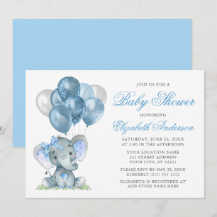 Invitation Aquarelle Eléphant Ballons de fond Baby shower Ble
