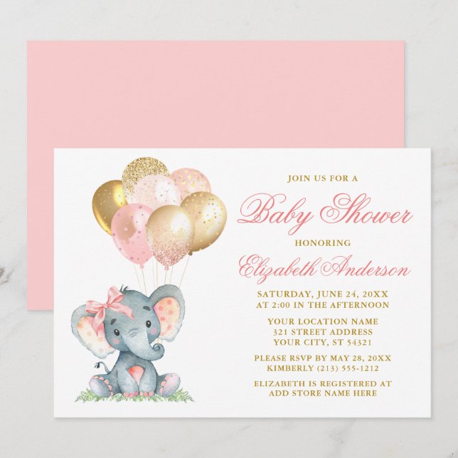Invitation Aquarelle Eléphant Bow Ballons douche Or rose (Devant / Derrière)