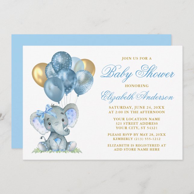 Invitation Aquarelle Eléphant Bow Balloons douche Bleu Or (Devant / Derrière)