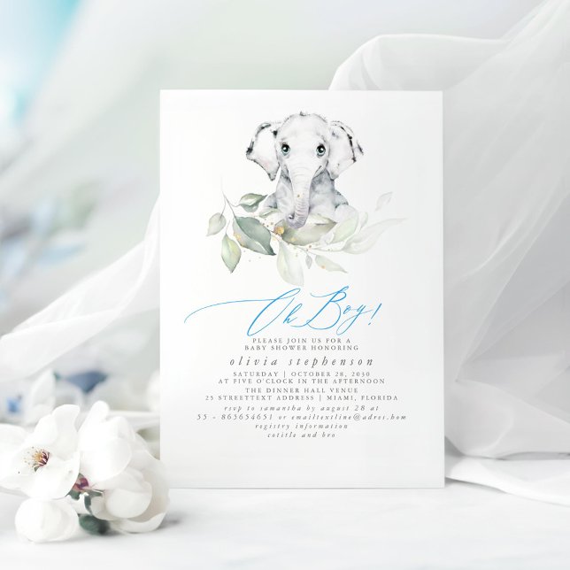 Invitation Aquarelle Eléphant Cute Baby shower vert (Elephant Themed Baby Shower Invitations "Oh Boy!" in Green, Grey and Blue Tones Pallete)