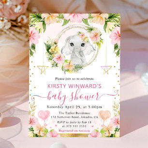 Invitation Aquarelle Éléphant de la Jungle Rose Baby Shower M
