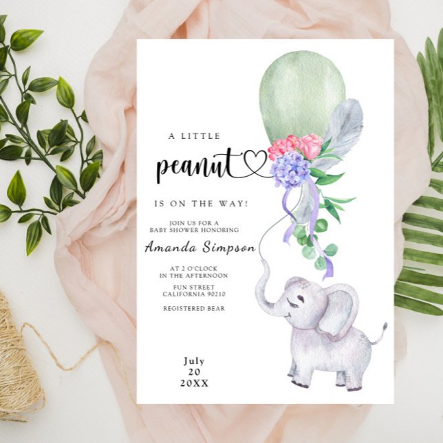 Invitation Aquarelle Eléphant et Baby shower à ballon (Créateur téléchargé)