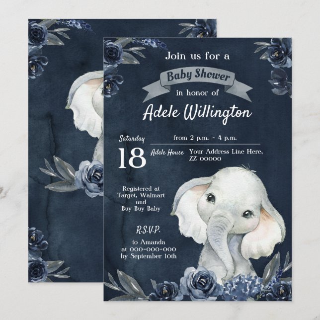 Invitation Aquarelle éléphant garçon Floral Navy Bleu bébé (Devant / Derrière)