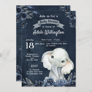 Invitation Aquarelle éléphant garçon Floral Navy Bleu bébé