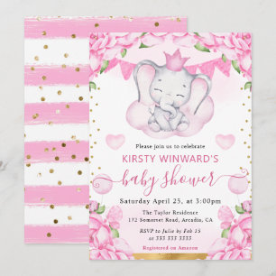 Invitation Aquarelle Éléphant Mignon & Roses Roses Bébé Showe