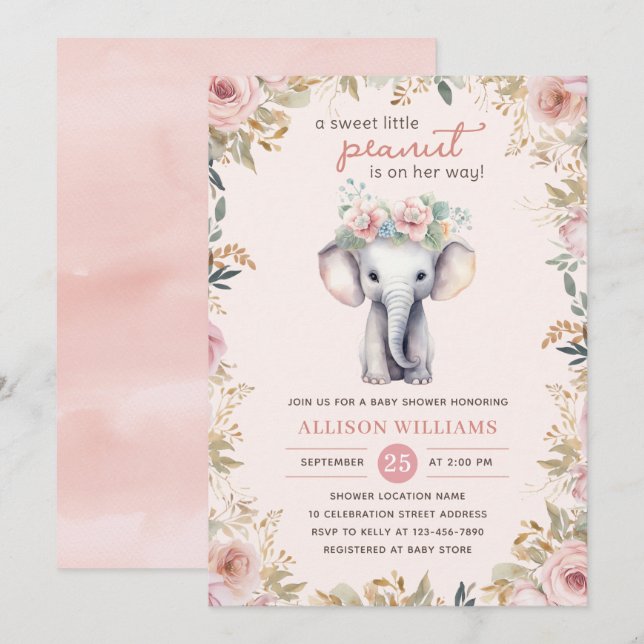 Invitation Aquarelle Eléphant mignonne Baby shower Floral Gir (Devant / Derrière)