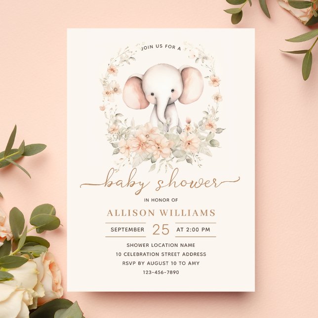 Invitation Aquarelle Eléphant mignonne Floral Baby Girl Douch (Créateur téléchargé)